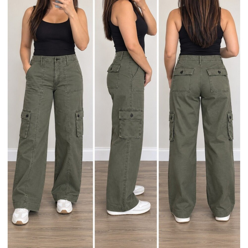 ANA Highest Rise Wide Leg Cargo Pants Womens Size 10 Olive Green EUC